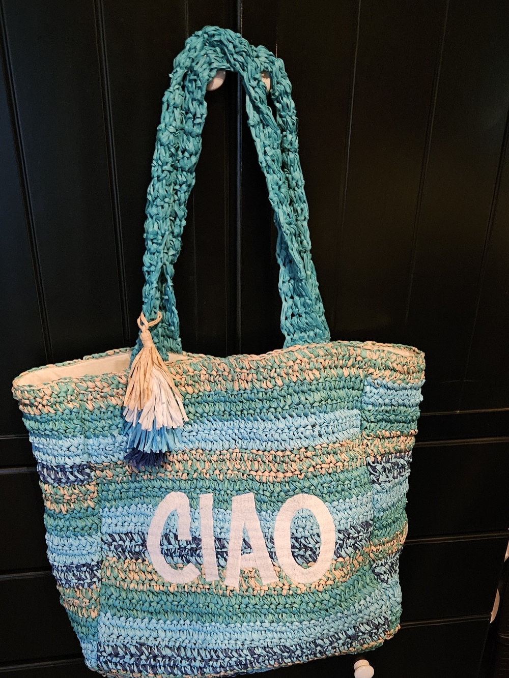 Braided Straw Beach Bag - Teal Blue "CIAO"